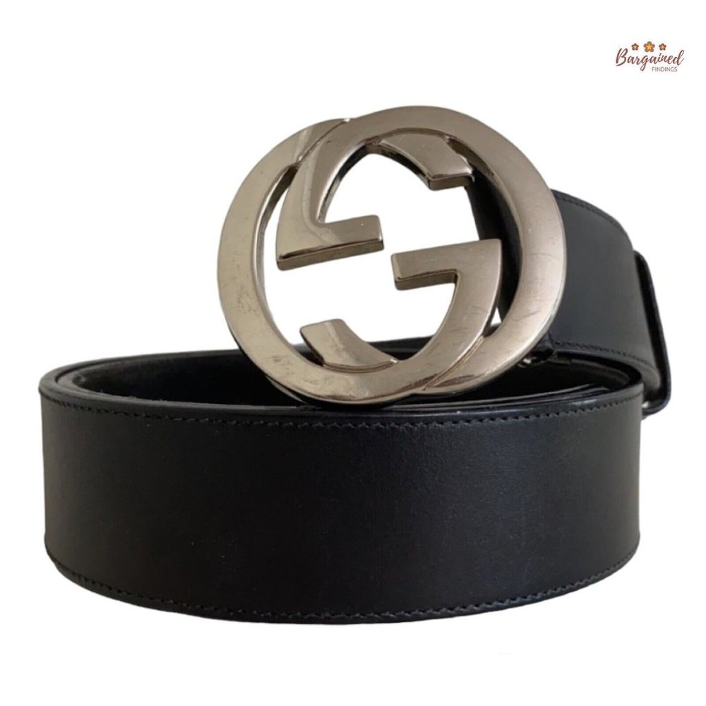 Authentic Gucci Black Calfskin Leather Silver Interlocking G Buckle Belt 85/34